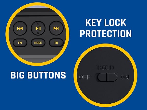 Close-up of device control interface showing circular media control buttons and key lock protection switch with labels.