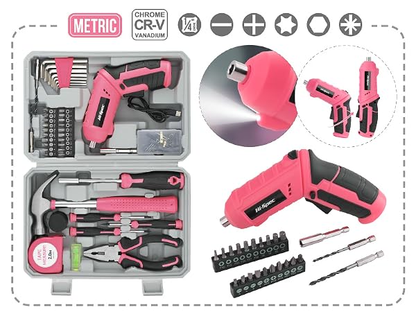 Hi-Spec Pink 42pc 4V USB Electric Power Screw Driver & Household Tool Kit Set