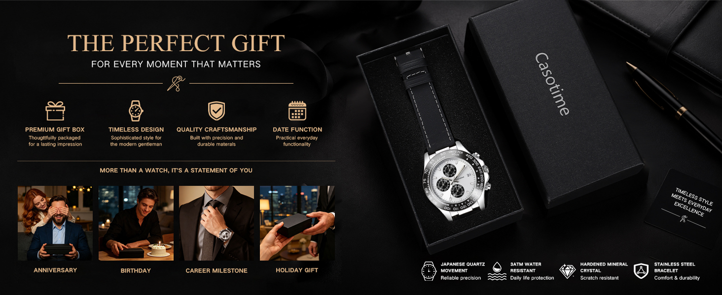 Casotime Watches for Men Leather Band Chronograph for Business,Casual,Everyday Wear Gift for Men