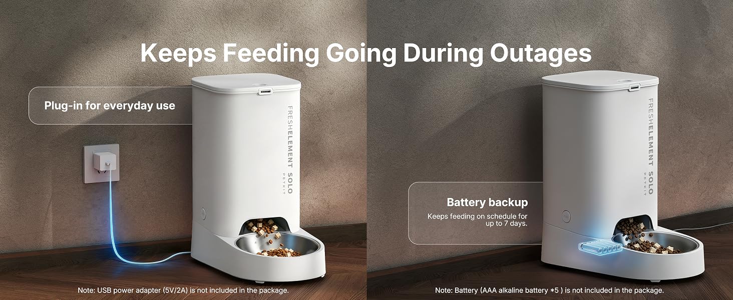 Text reads 'Keeps Feeding Going During Outages' and 'Fridge-fed data center'. Two automatic pet feeders with stainless steel bowls and water/food dispensers shown side-by-side against neutral background.