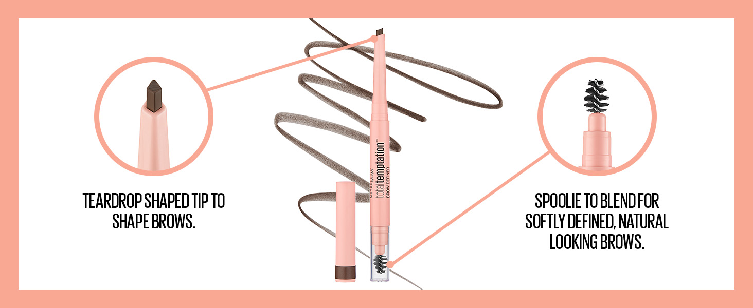teardrop shaped tip to shape brows, spoole to blend for softly defined, natural looking brows