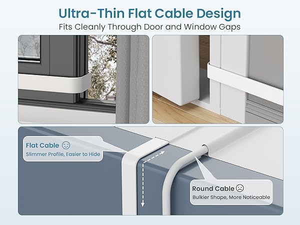 Text reads 'Ultra-Thin Flat Cable Design Fits Cleanly Through Door and Window Gaps', 'Flat Cable', 'Slimmer Profile, Easier to Hide', 'Round Cable', 'Bulkier. Simple, More Noticeable.' Product comparison showing flat versus round cable designs for door/window installation.