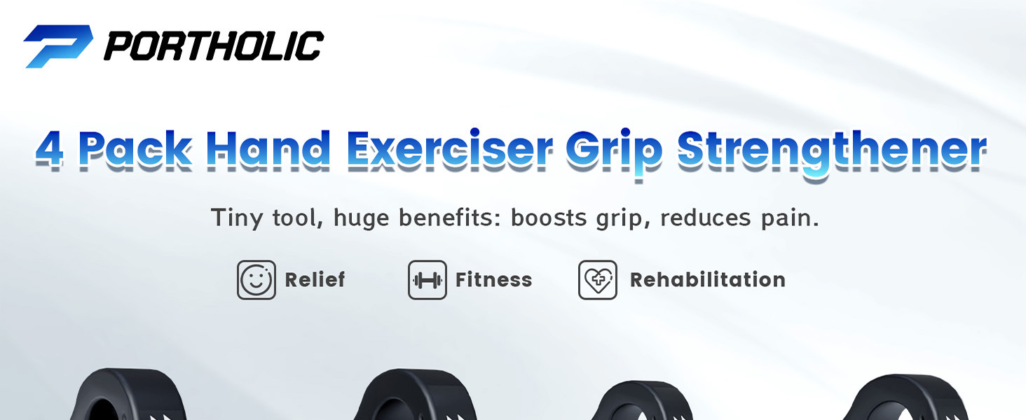 Portholic 4 Pack Hand Exerciser Grip Strengthener. Product title and benefits shown. Four black circular grip devices visible. Icons indicate relief, fitness, and rehabilitation uses.