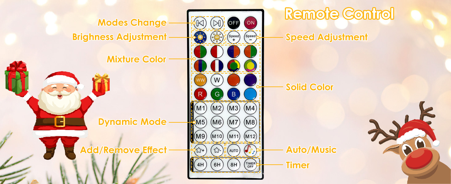 The colorful Christmas twinkle string lights can be controlled with a 44 keys wireless remote.