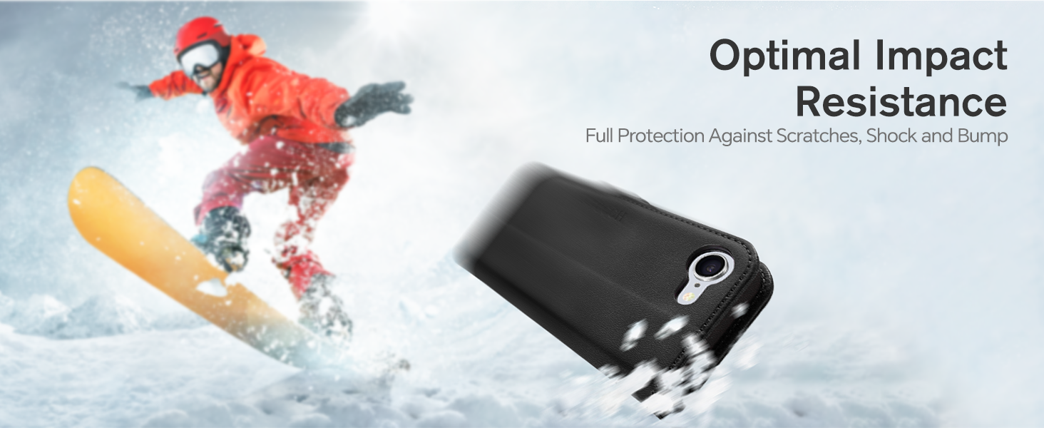 Black smartphone case with impact resistance feature, shown next to a snowboarder in red gear. Text highlights protection against scratches, shock, and bumps.