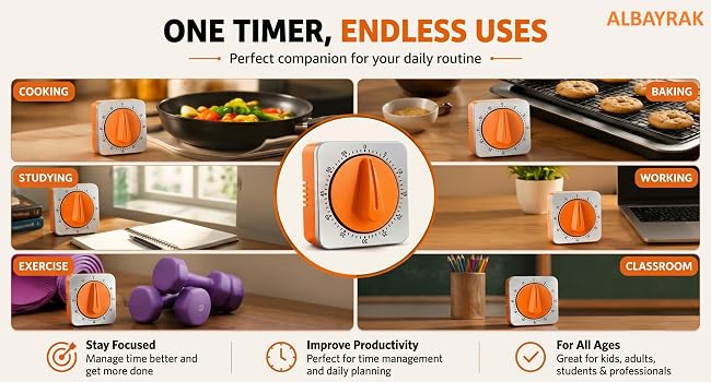 Grid showing ALBAYRAK timers used for cooking, baking, studying, working, exercise, and classroom.
