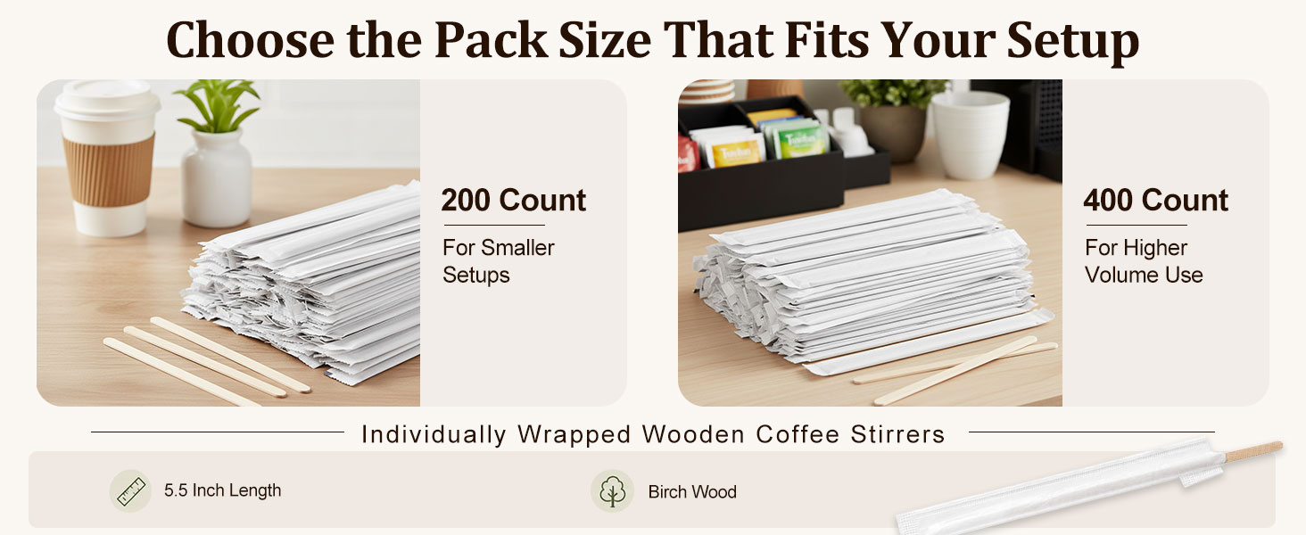 200 or 400 count wrapped wooden coffee stirrers for beverage stations