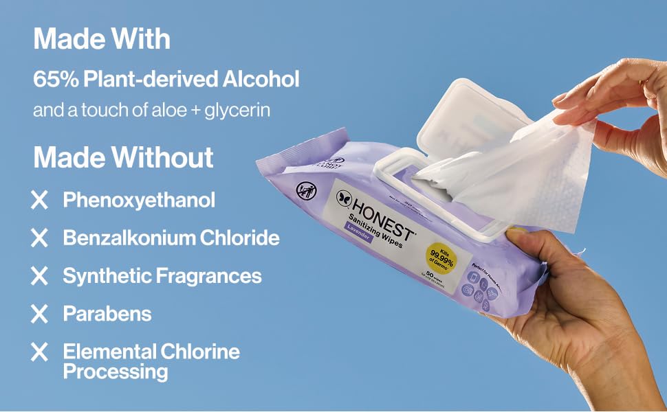 Made with 65% plant derived alcohol. Made without BZK, fragrance, parabens, or chlorine processing