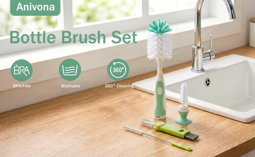 green baby bottle brush set