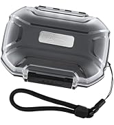 Transparent protective case with rugged black borders, reinforced corners, and attached wrist strap. Appears waterproof with secure locking mechanism.