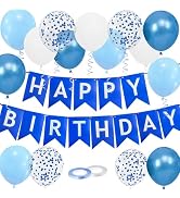 Happy Birthday Banner, Blue Birthday Decoration, 16 Pcs 12in Balloons with 2 Ribbons for Boys and...