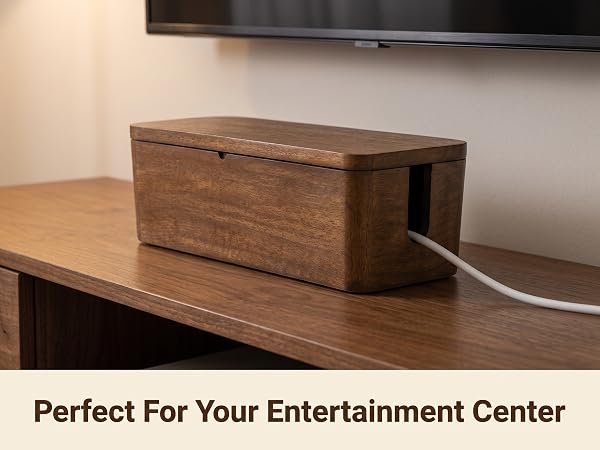 Mango wood cable box on a media console below a TV, holding a power strip