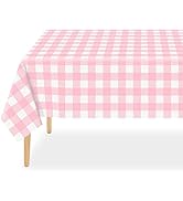 QIKSION 3 Pack Pink Gingham Tablecloth Pink Plaid Disposable Checkered Tablecloth, Rectangle Wate...