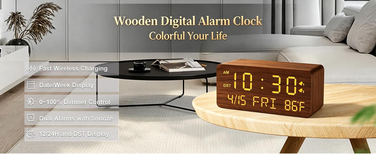 wooden digital alarm clock
