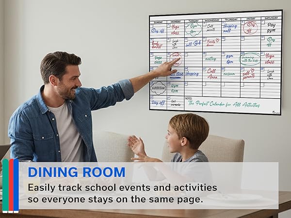OfficeAid dry erase wall calendar used in a dining room to track family schedules and activities