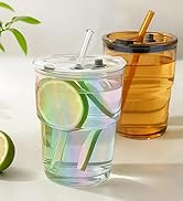 Zukro 13 oz/400ml Glass Iced Coffee Cups with Lids and Straw| Leakproof Reusable Cute Thick Wall ...