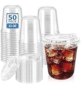 LIKAJON 50 Clear Plastic Cups with Strawless Sip Lids, 12 oz Disposable Iced Coffee Cups with Lid...
