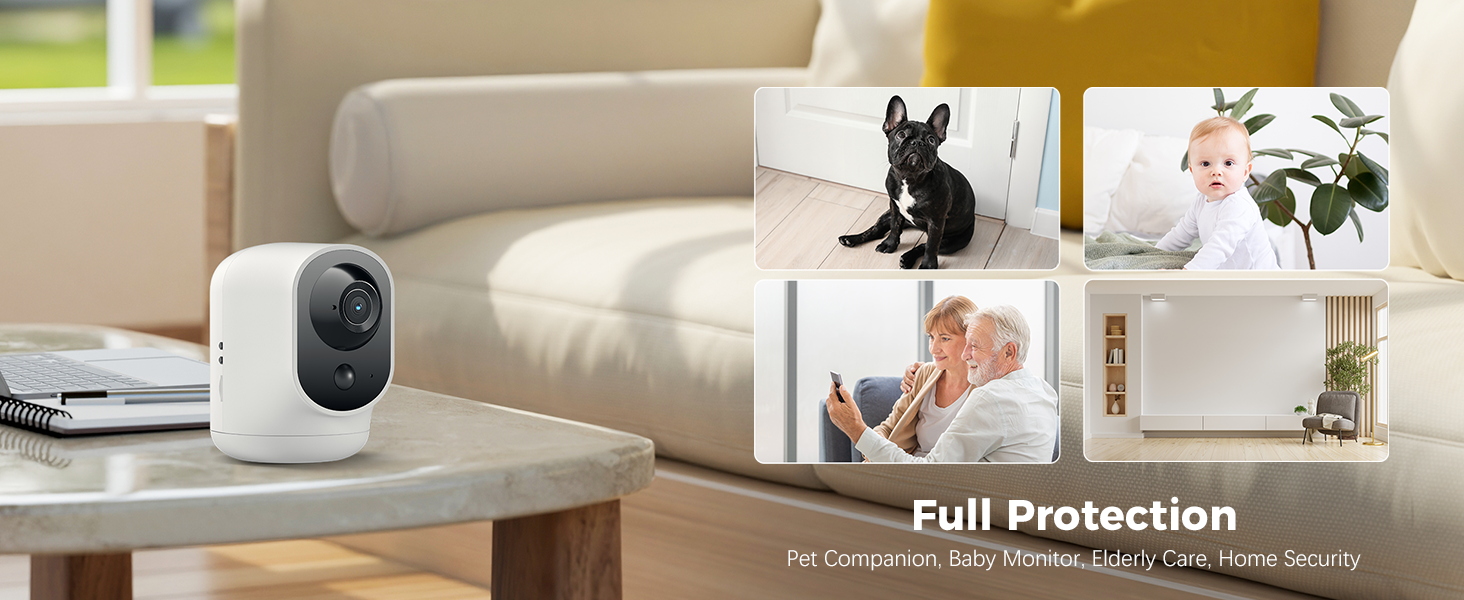 Security camera in a living room setting. White, compact design with lens visible. Text overlay mentions 'Full Protection' for comprehensive home surveillance.