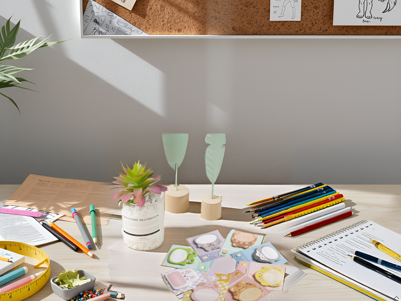 A wooden desk with the product neatly arranged alongside office supplies.