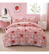 Holawakaka Ruffle Gingham Comforter Set Full, Pink Ruffled Strawberry Plaid Bedding Set with Shee...