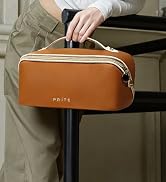 Prite Makeup Bag for Women Travel Waterproof Vegan Leather Cosmetic Bag Open Flat Toiletry Bag Wi...