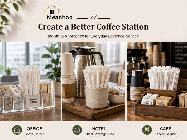 Wrapped wooden coffee stirrers for office, hotel and café beverage stations