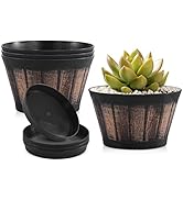 Plant Pots Set of 4 Pack 6 inch.Whiskey Barrel Planters with Drainage Holes & Saucer.Plastic Deco...