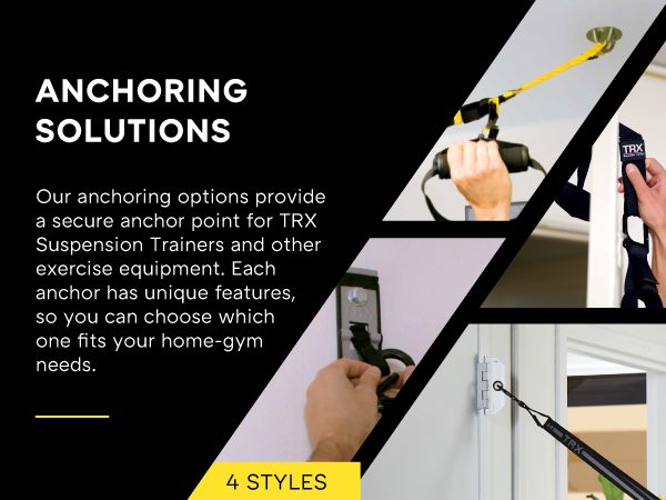 Several images showing the easy setup of TRX anchor mounts. Text reads: Anchoring solutions.