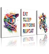 Frimeeme Motocross Canvas Wall Art, Eat Sleep Motocross Repeat, Dirt Bike Rider and Helmet Prints...