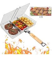 WILLBBQ 2 Sizes Folding BBQ Grilling Baskets, Stainless Steel with Removable Divider, Basting Bru...