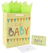 13" Large Light Yellow Gift Bag Set with Greeting Card and Green Tissue Paper(Hello Baby) for Bab...