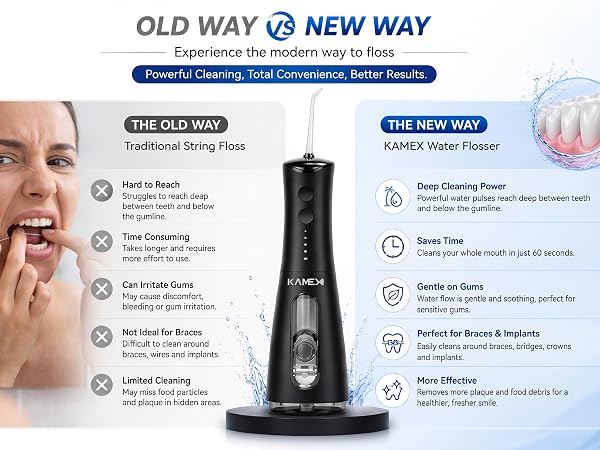 Comparison of KAMEX cordless water flosser and traditional string floss for daily teeth cleaning