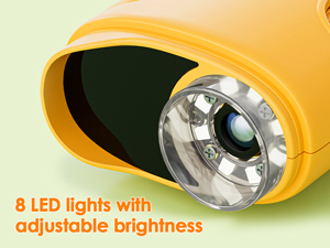Text reads 'Image 7' and '8 LED lights with adjustable brightness'. Close-up of yellow device showing metallic LED light array.