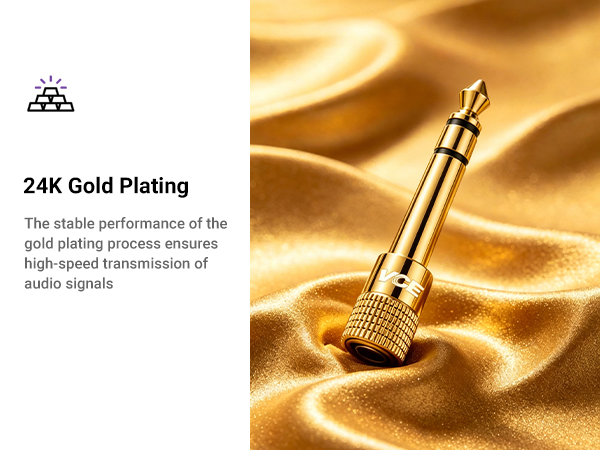 Gold-plated audio connector with pyramid icon.