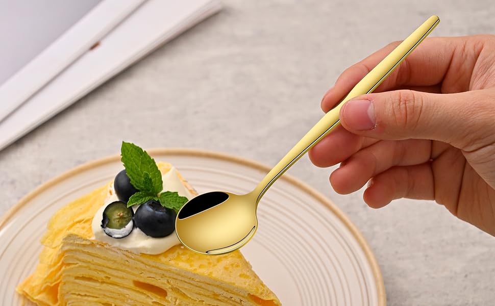 Series of cropped images showing hands using a gold spoon to serve what appears to be a creamy dessert garnished with dark berries and mint leaves.