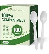 Compostable Spoons 100 Count Heavy Duty 100% No Plastic Spoons Bulk Cornstarch Biodegradable Spoo...