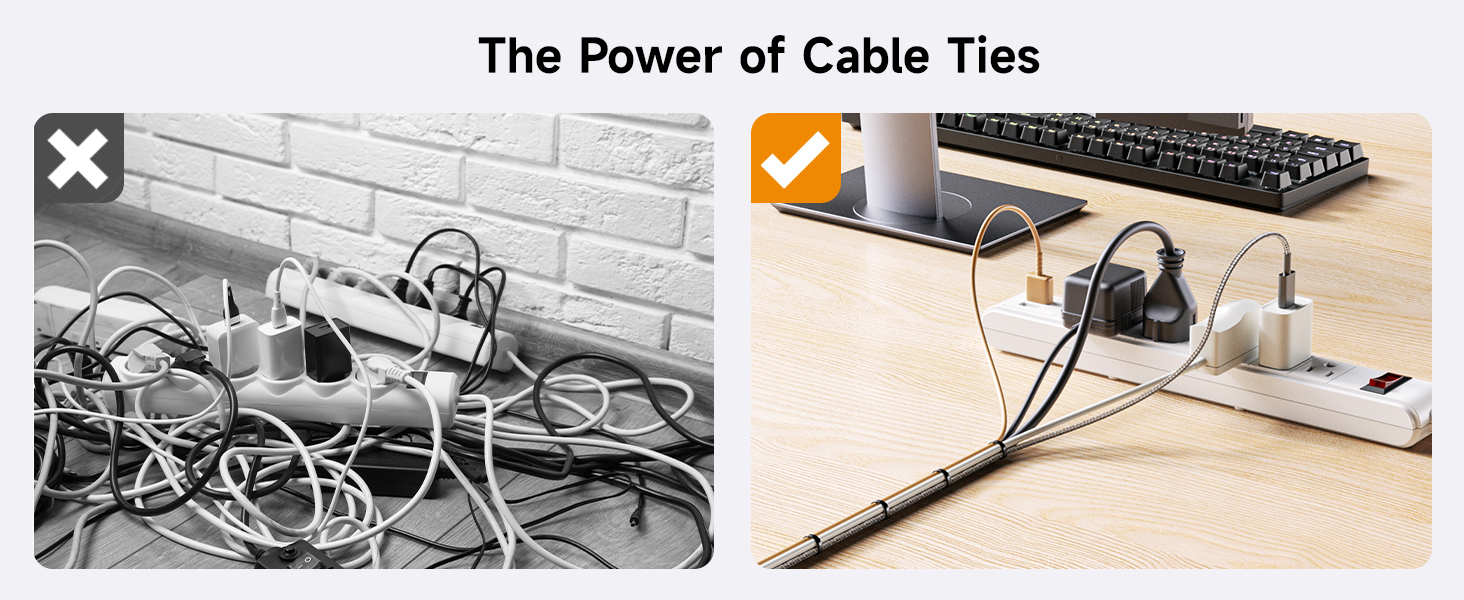 Black and white cable ties for organizing cables at home, office, or garden.