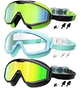 QALLY Kids Goggles Age 4-16, Anti-Fog UV 180°Clear View Kids Swim Goggles, 3 Pack Swimming Goggle...