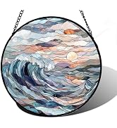 DASTOLL Stained Glass Window Hanging, Sunrise Waves Sun Catchers Diamond Glass Panel Hangings Abs...