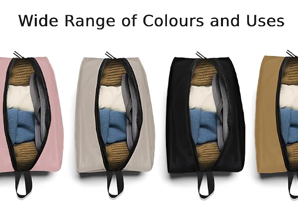 Six zippered toiletry bags in various colors: navy, pink, grey, black, tan, and green. Each bag shows an interior compartment with toiletries visible through a clear panel.