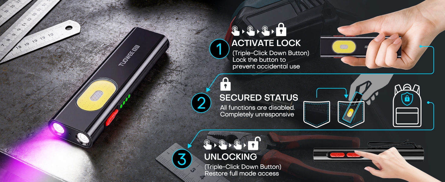 Flat EDC Flashlight Rechargeable Small Pocket Flashlight Safety Lockout Mode