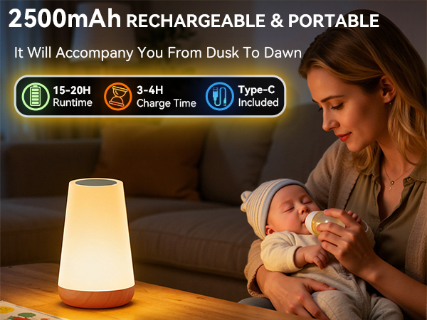 2500mAh rechargeable night light, Type-C charging, 15-20H runtime, portable lamp for baby care