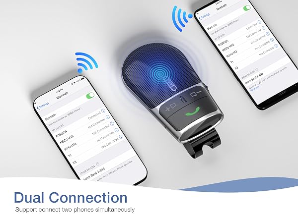 Text reads 'Dual Connection'. Product demonstration showing two smartphones connecting wirelessly to a central blue-lit device.