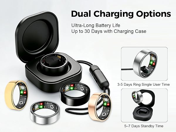 Smart ring with dual charging options, long battery life and charging case for daily use.