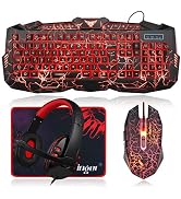 BlueFinger Gaming Keyboard Mouse Headset Combo,USB Wired Crack Backlit Keyboard,114 Keys Letters ...