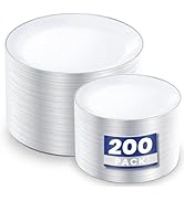 KIRE 200PCS Silver Plastic Plates - White Plastic Plates with Silver Rim Include 100 Dinner Plate...