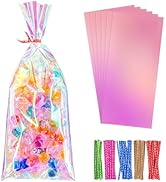 Cherodada Cellophane Treat Bags, 4x10 Inch Iridescent Cellophane Bags with Thank You Stickers and...