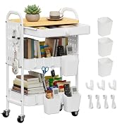 OUKMIC 3 Tier Metal Storage Utility Rolling Cart with 360° Lockable Wheels | Included 7 Hooks & 3...