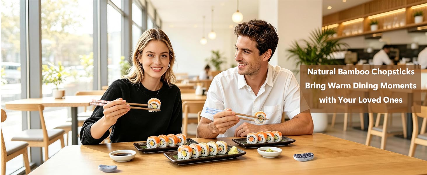 Reusable Bamboo Chopsticks and 5PCS Ceramic Rests Set
