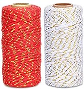 jijAcraft 656Feet Twine String, 2mm White and Red Christmas Twine String with Gold Wire, 2 Roll C...